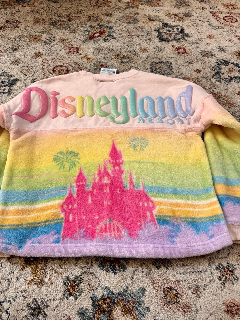 Disney Pastel Rainbow Fuzzy Hoodie with Pink Castle Graphic